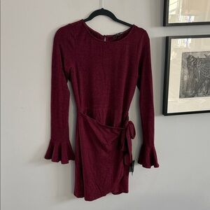 Lulus Favorite Tune Burgundy Faux Wrap Sweater Dress